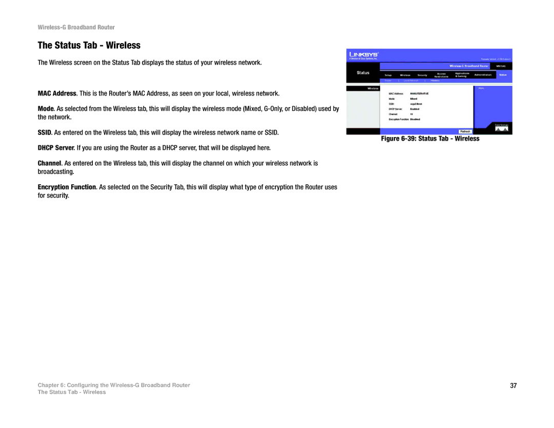 Cisco Systems WRT54G manual Status Tab Wireless 