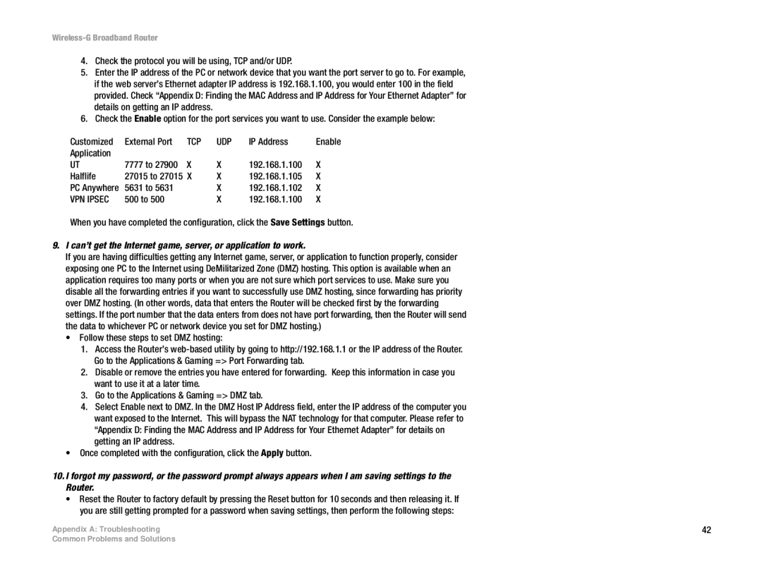 Cisco Systems WRT54G manual VPN Ipsec, Can’t get the Internet game, server, or application to work 