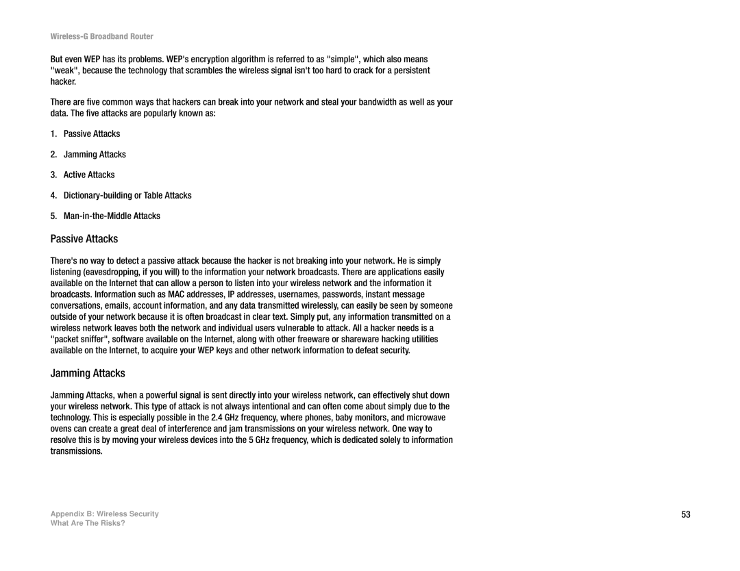 Cisco Systems WRT54G manual Passive Attacks 