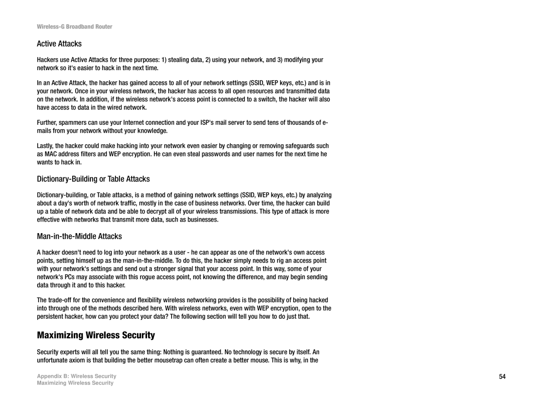Cisco Systems WRT54G manual Maximizing Wireless Security, Active Attacks 