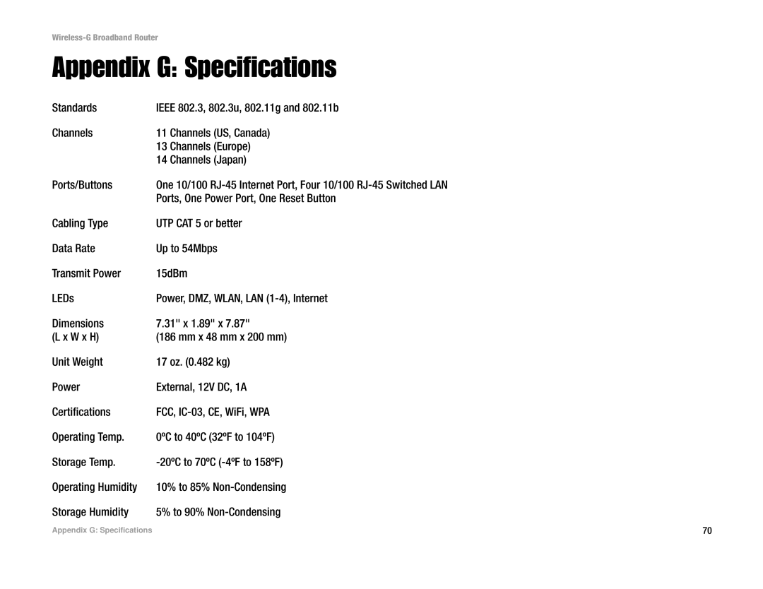 Cisco Systems WRT54G manual Appendix G Specifications 