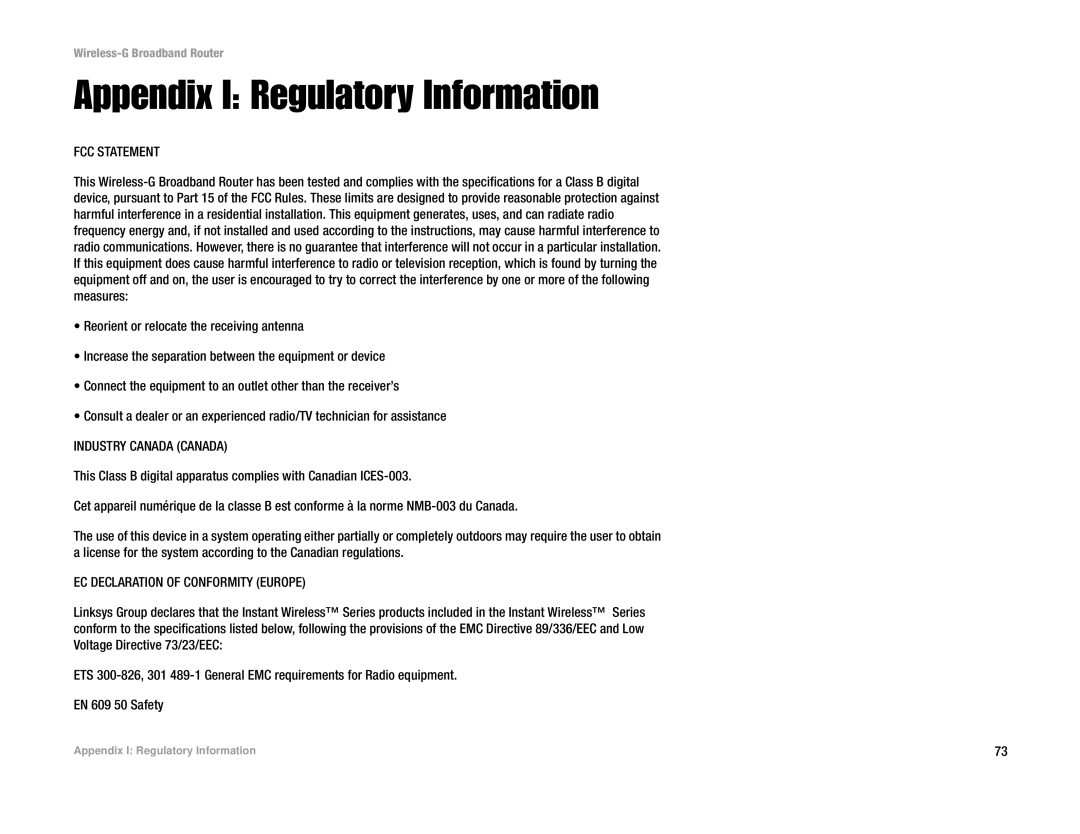 Cisco Systems WRT54G manual Appendix I Regulatory Information, FCC Statement 