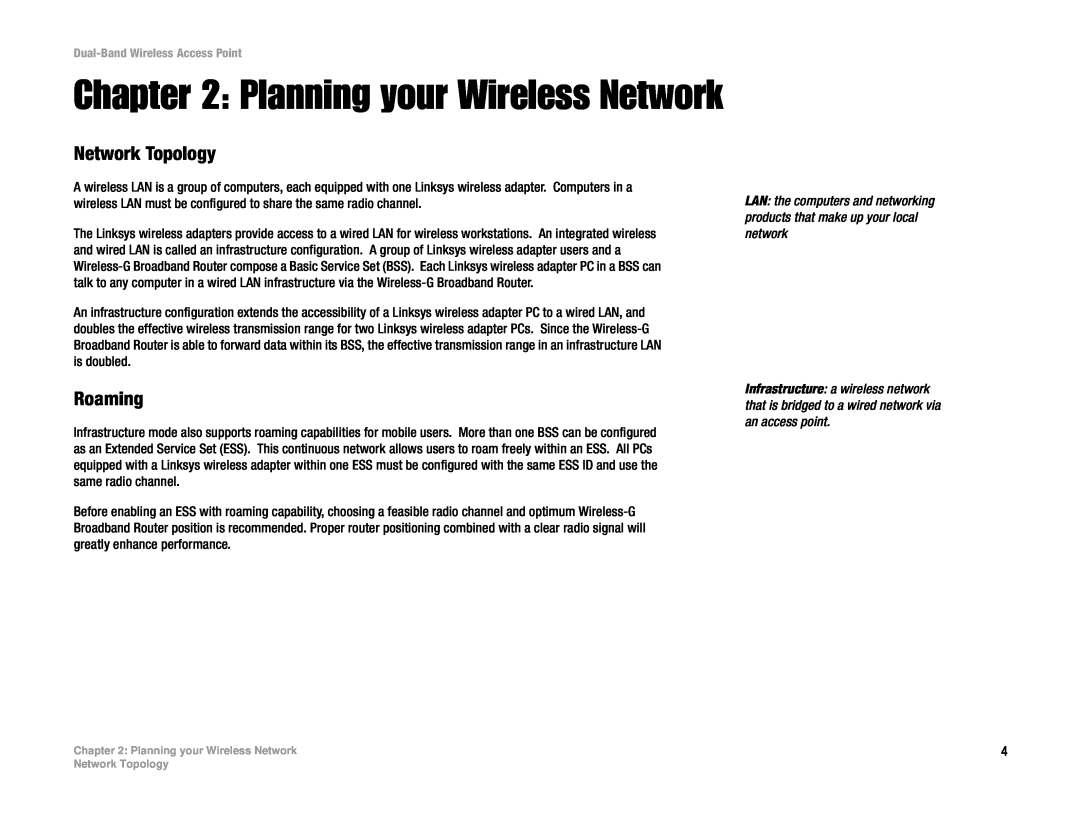 Cisco Systems WRT54G manual Planning your Wireless Network, Network Topology, Roaming 