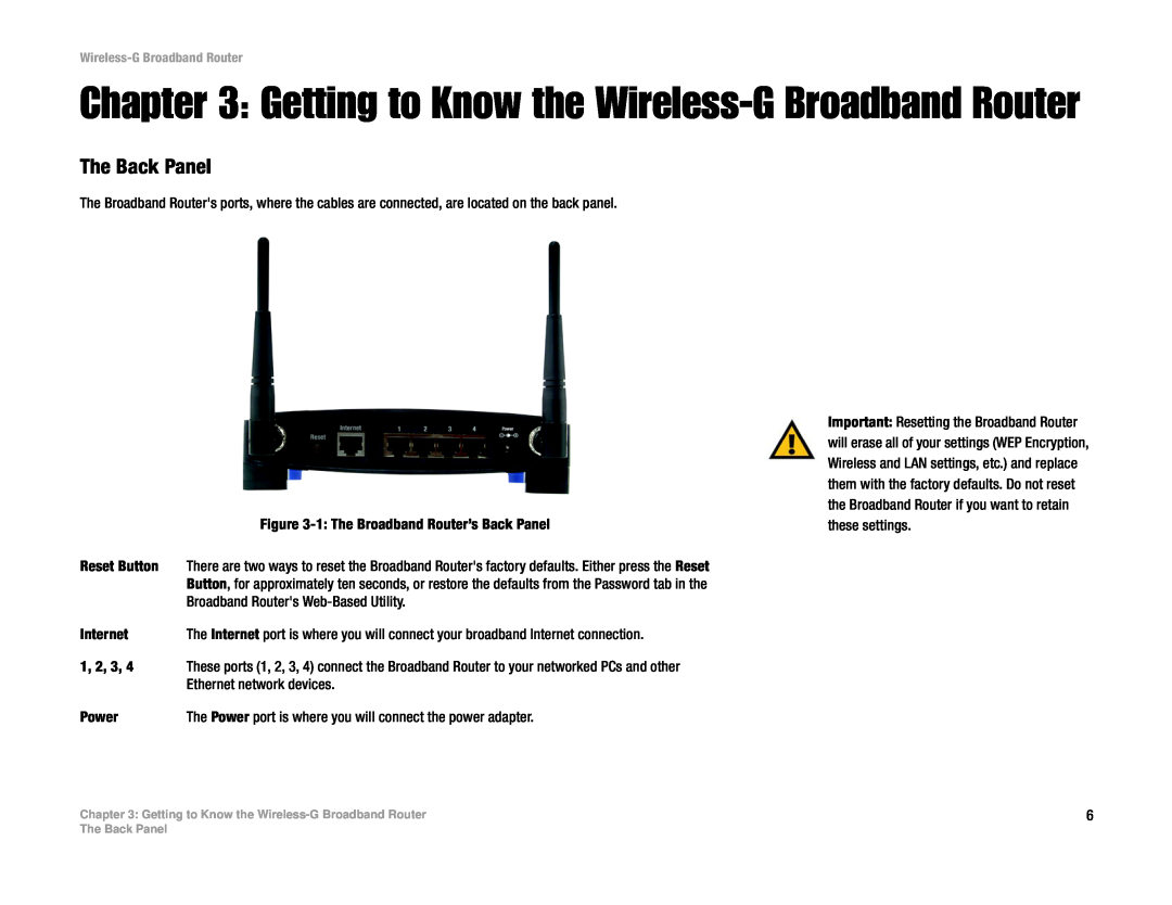 Cisco Systems WRT54G manual Getting to Know the Wireless-G Broadband Router, The Back Panel 