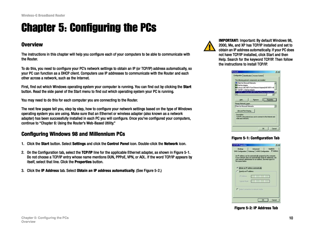 Cisco Systems WRT54G manual Configuring the PCs, Overview, Configuring Windows 98 and Millennium PCs 
