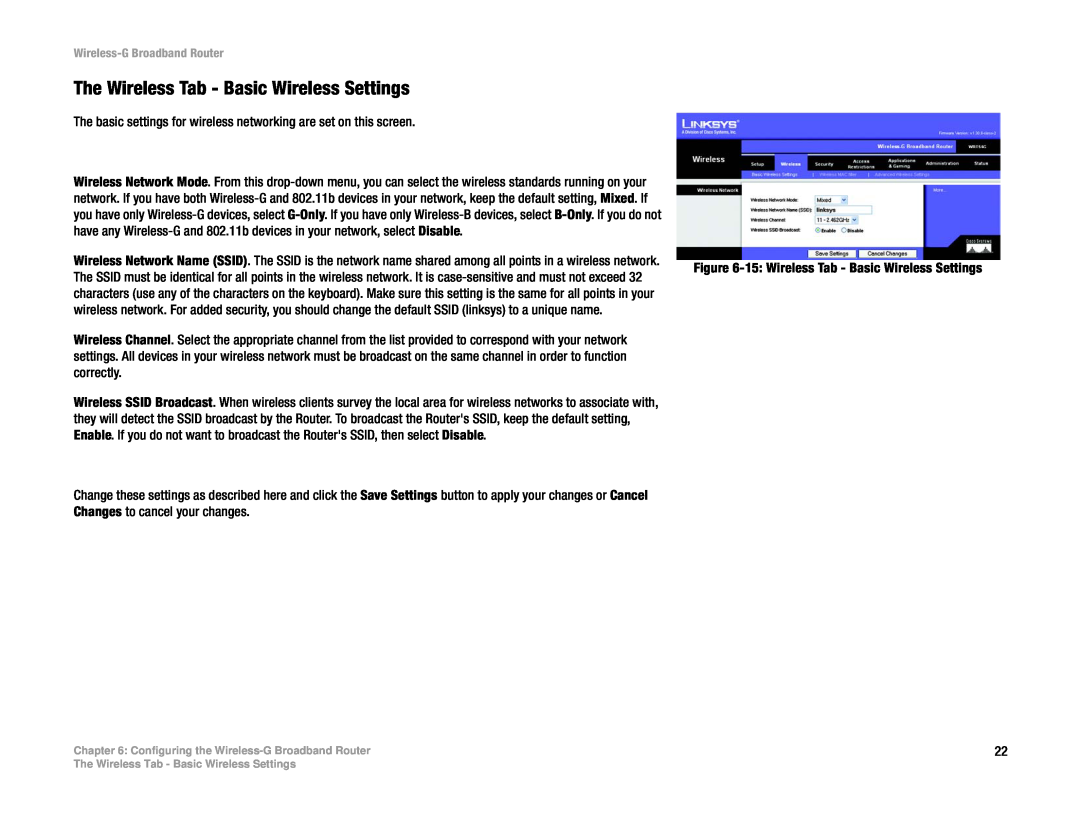 Cisco Systems WRT54G manual The Wireless Tab - Basic Wireless Settings 