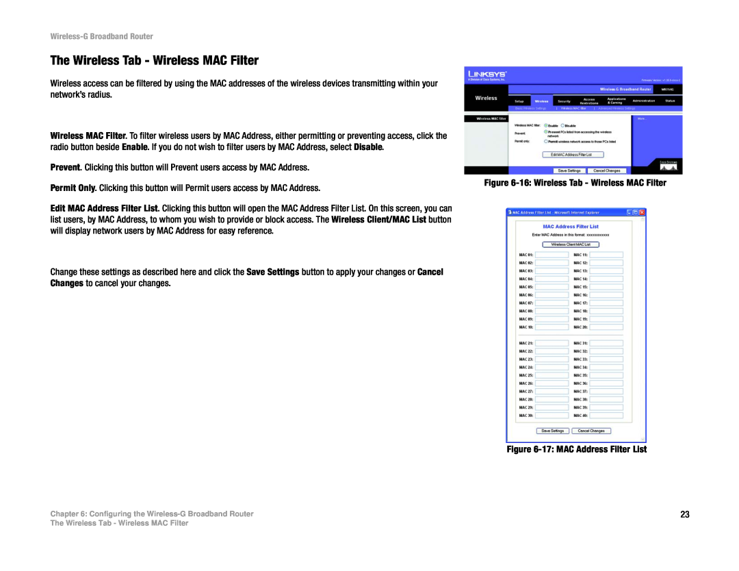 Cisco Systems WRT54G manual The Wireless Tab - Wireless MAC Filter 