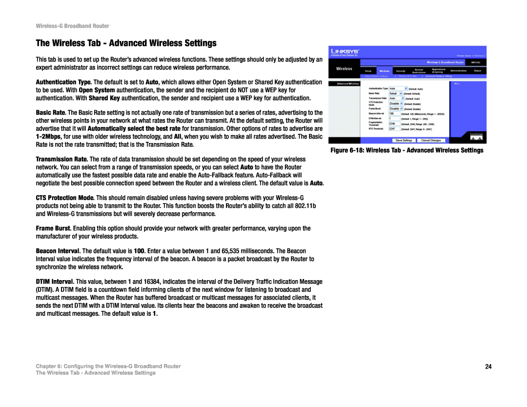 Cisco Systems WRT54G manual The Wireless Tab - Advanced Wireless Settings 
