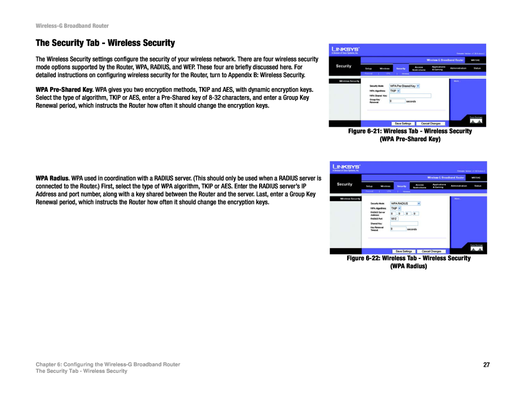 Cisco Systems WRT54G manual The Security Tab - Wireless Security, 21 Wireless Tab - Wireless Security WPA Pre-Shared Key 