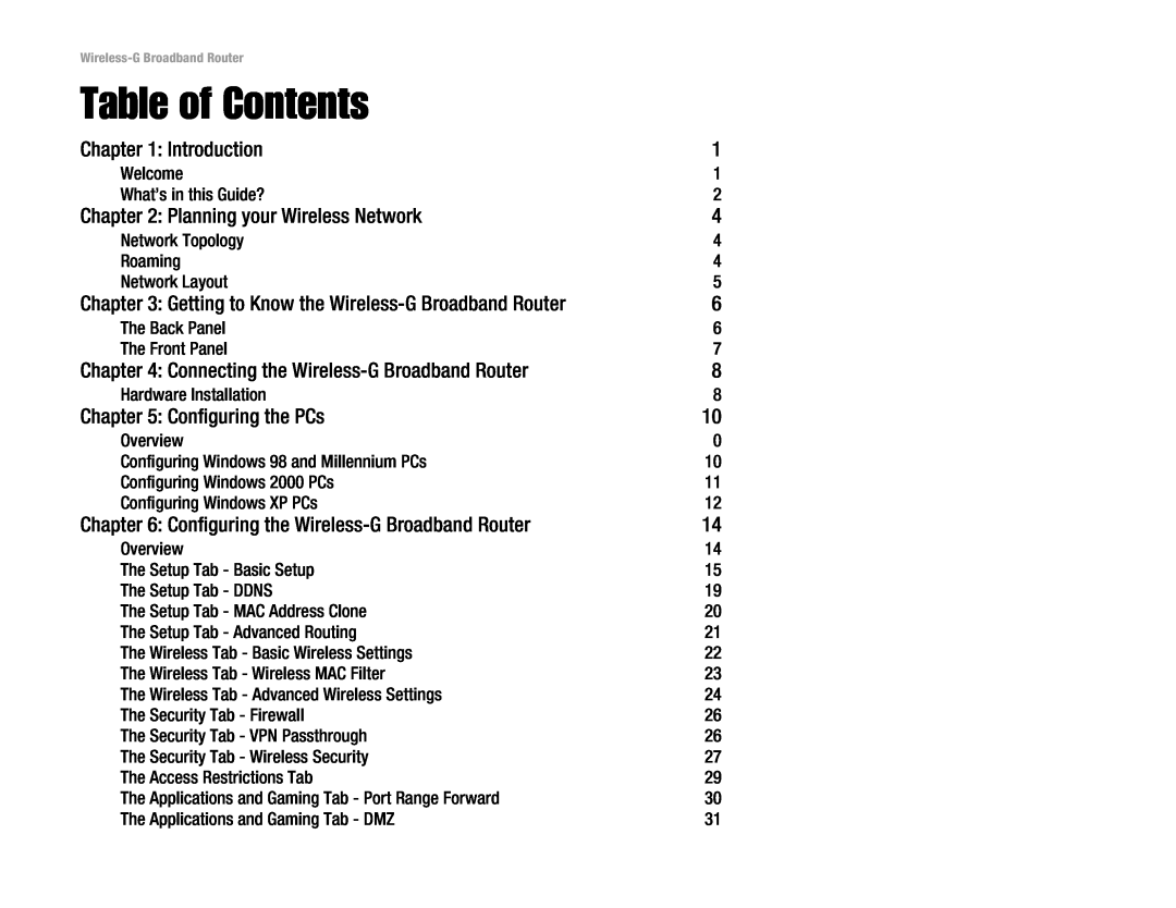 Cisco Systems WRT54G manual Table of Contents, Introduction, Planning your Wireless Network, Configuring the PCs 