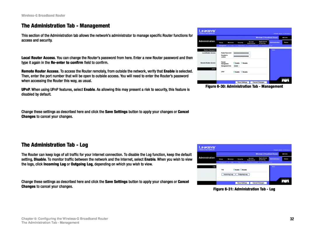 Cisco Systems WRT54G manual The Administration Tab - Management, The Administration Tab - Log 