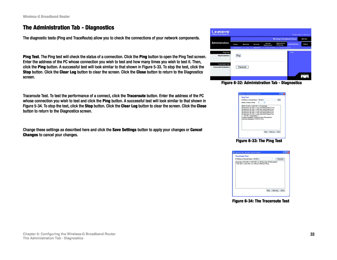 Cisco Systems WRT54G manual The Administration Tab - Diagnostics 