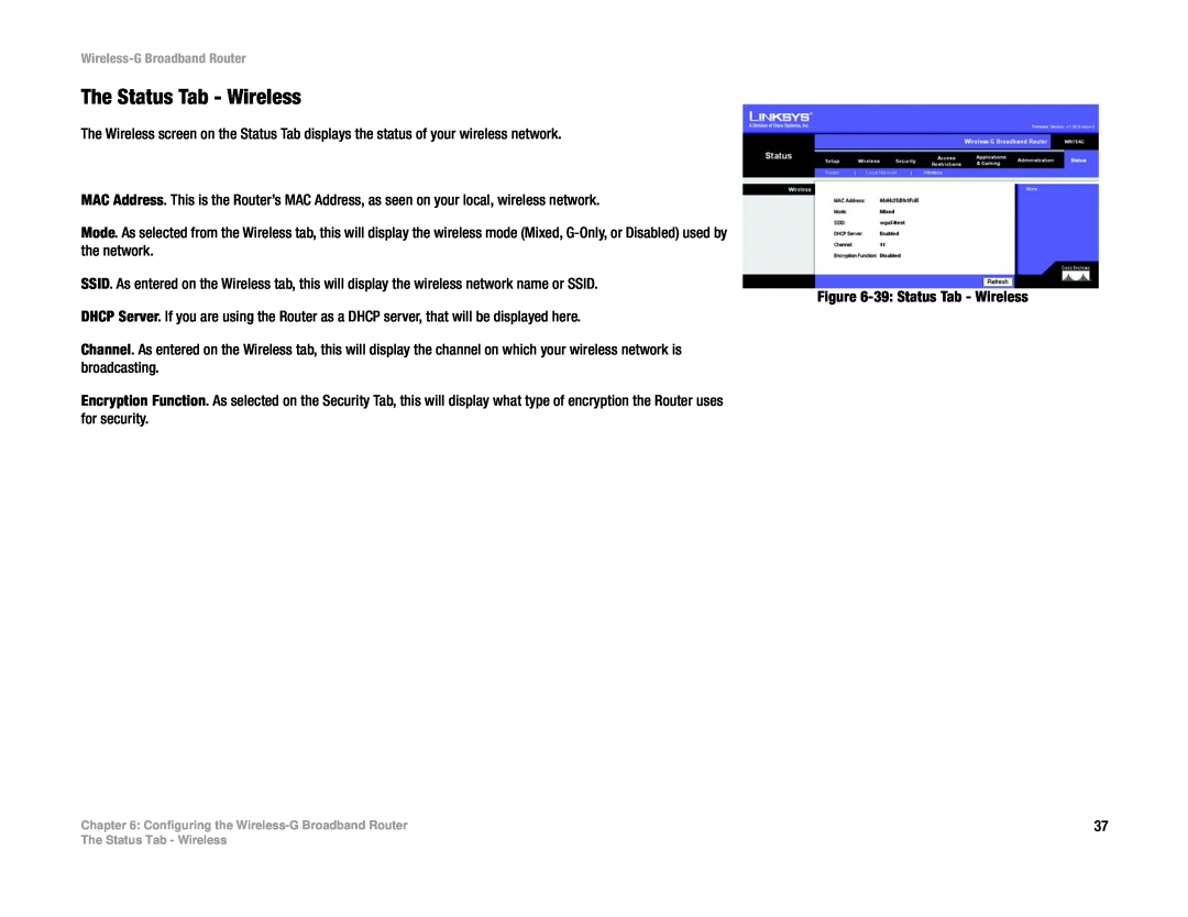 Cisco Systems WRT54G manual The Status Tab - Wireless 