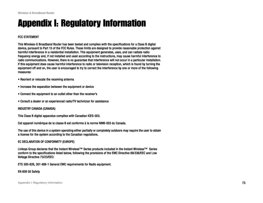 Cisco Systems WRT54G manual Appendix I Regulatory Information 