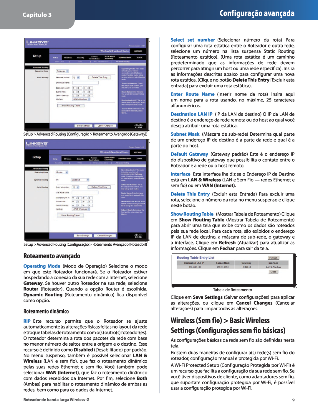 Cisco Systems WRT54G2 manual Roteamento avançado, Roteamento dinâmico, Configuração avançada, Capítulo 
