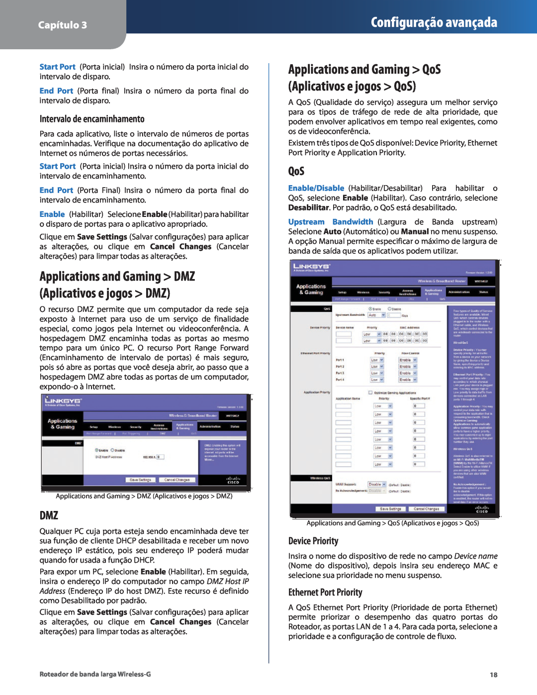 Cisco Systems WRT54G2 manual Intervalo de encaminhamento, Applications and Gaming DMZ Aplicativos e jogos DMZ, Capítulo 
