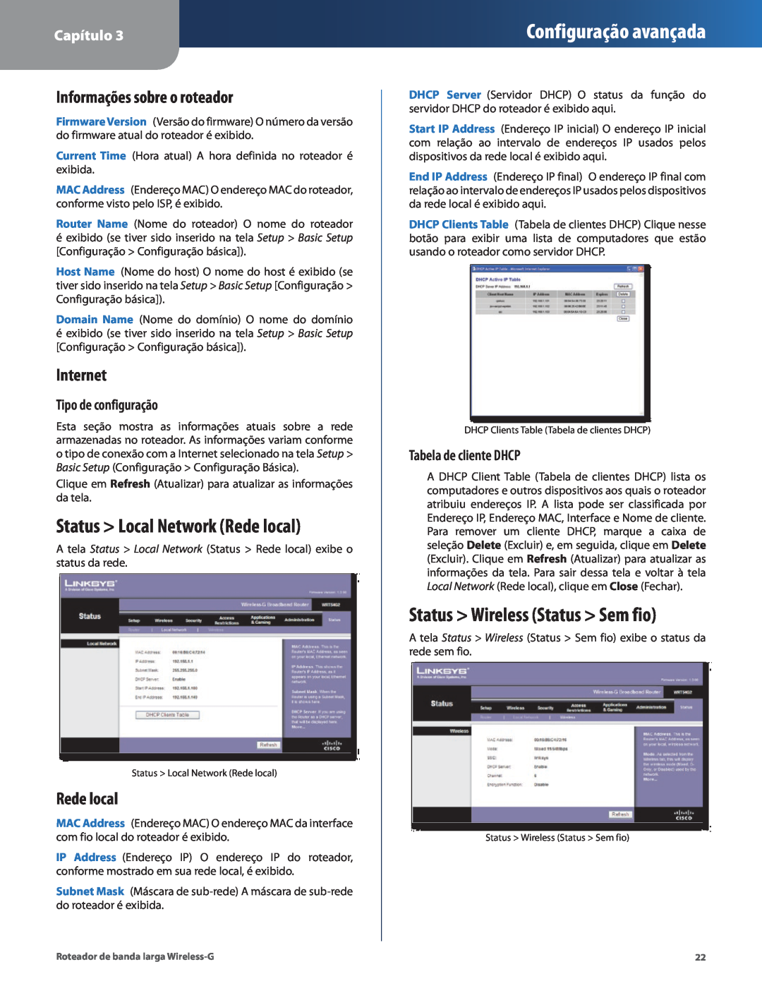 Cisco Systems WRT54G2 manual Status Local Network Rede local, Status Wireless Status Sem fio, Informações sobre o roteador 
