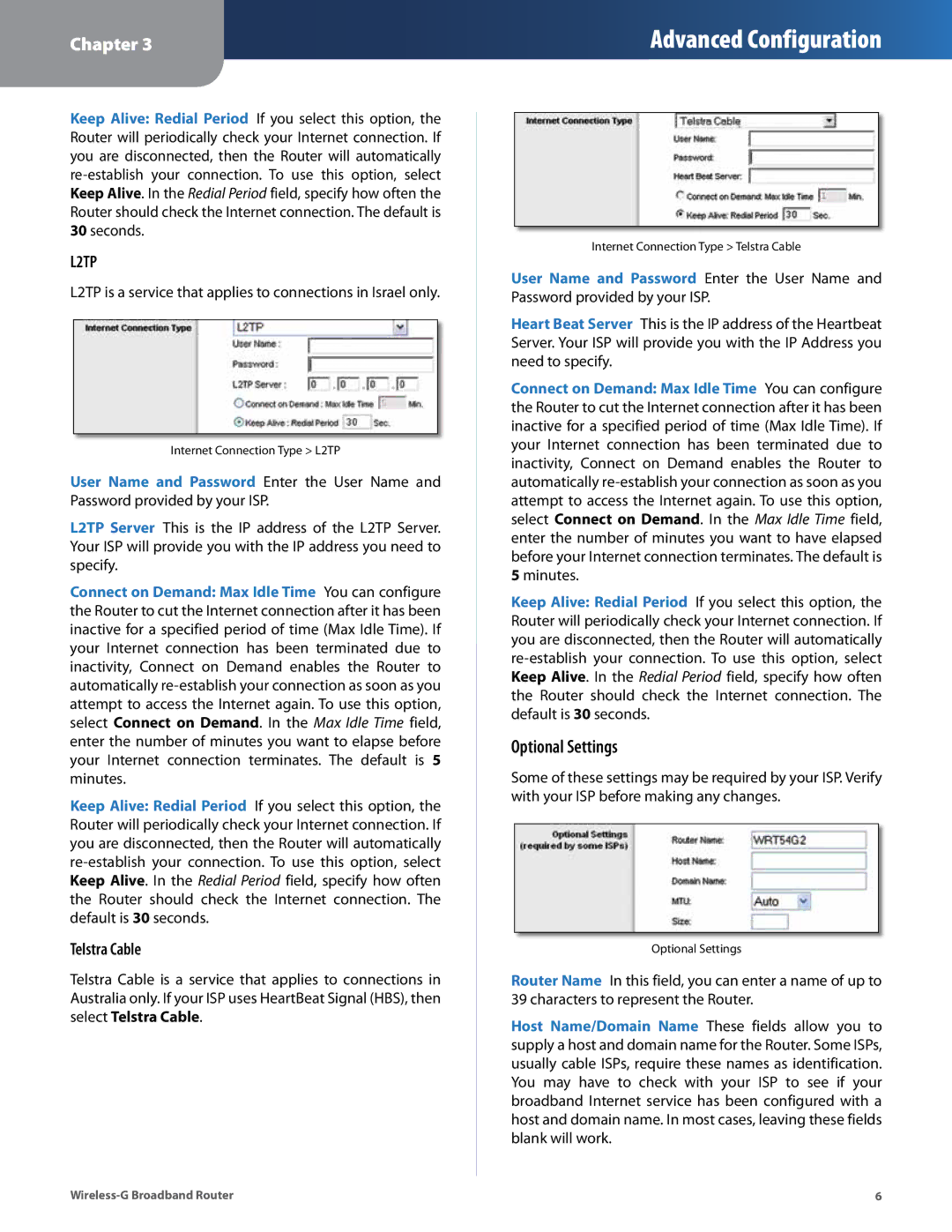 Cisco Systems WRT54G2 manual Optional Settings, Telstra Cable 