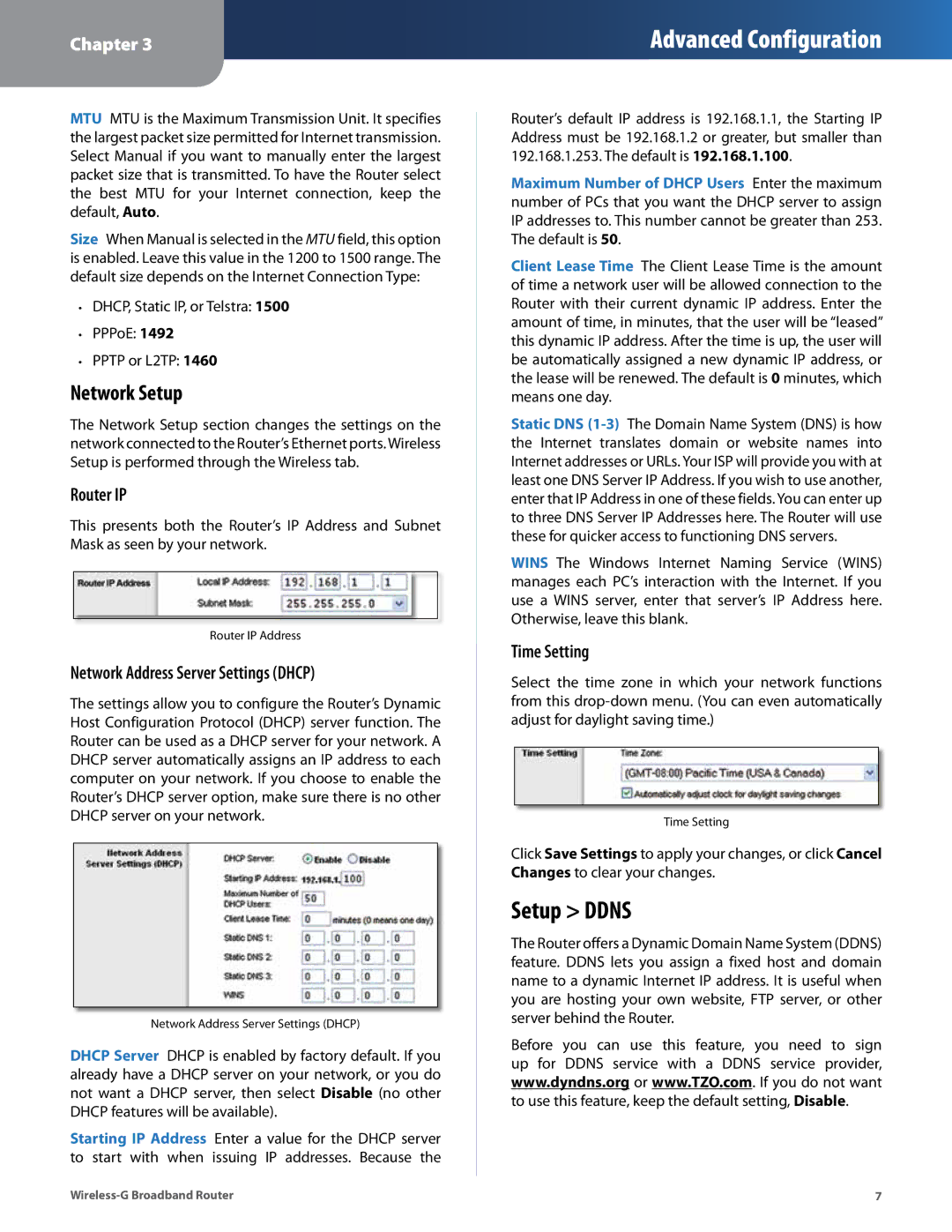 Cisco Systems WRT54G2 manual Setup Ddns, Network Setup, Router IP, Network Address Server Settings Dhcp, Time Setting 