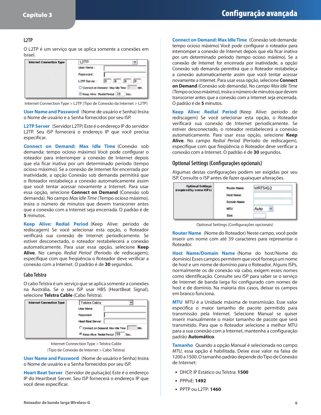 Cisco Systems WRT54G2 manual Optional Settings Configurações opcionais, Cabo Telstra 