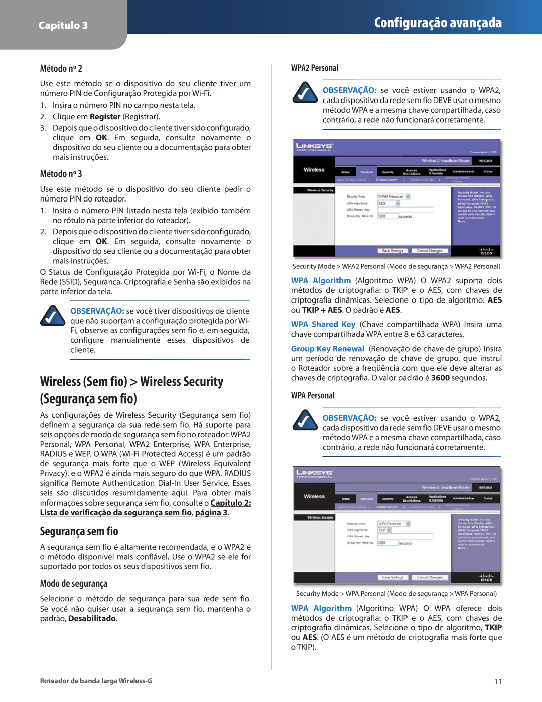 Cisco Systems WRT54G2 manual Segurança sem fio, Modo de segurança 