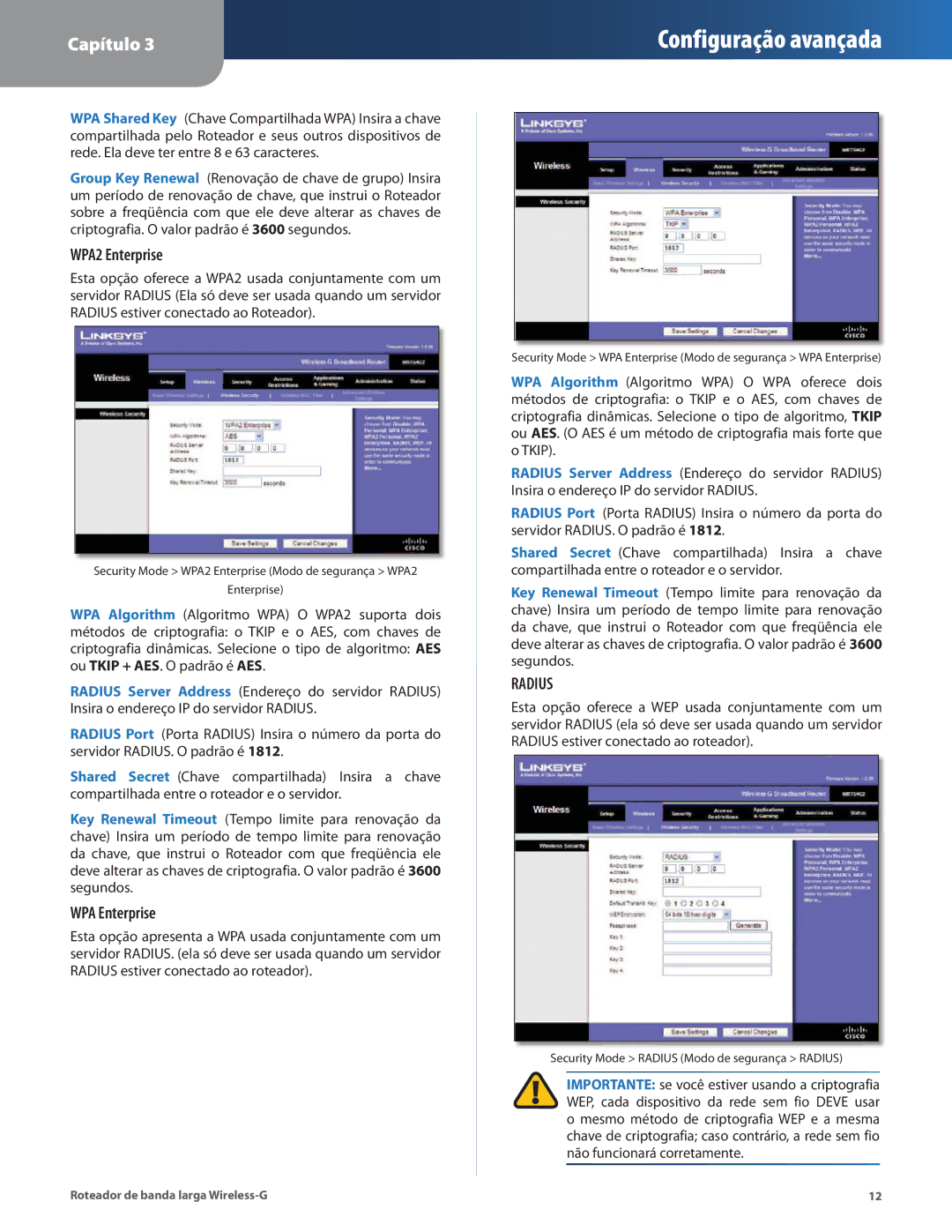 Cisco Systems WRT54G2 manual Security Mode WPA2 Enterprise Modo de segurança WPA2 