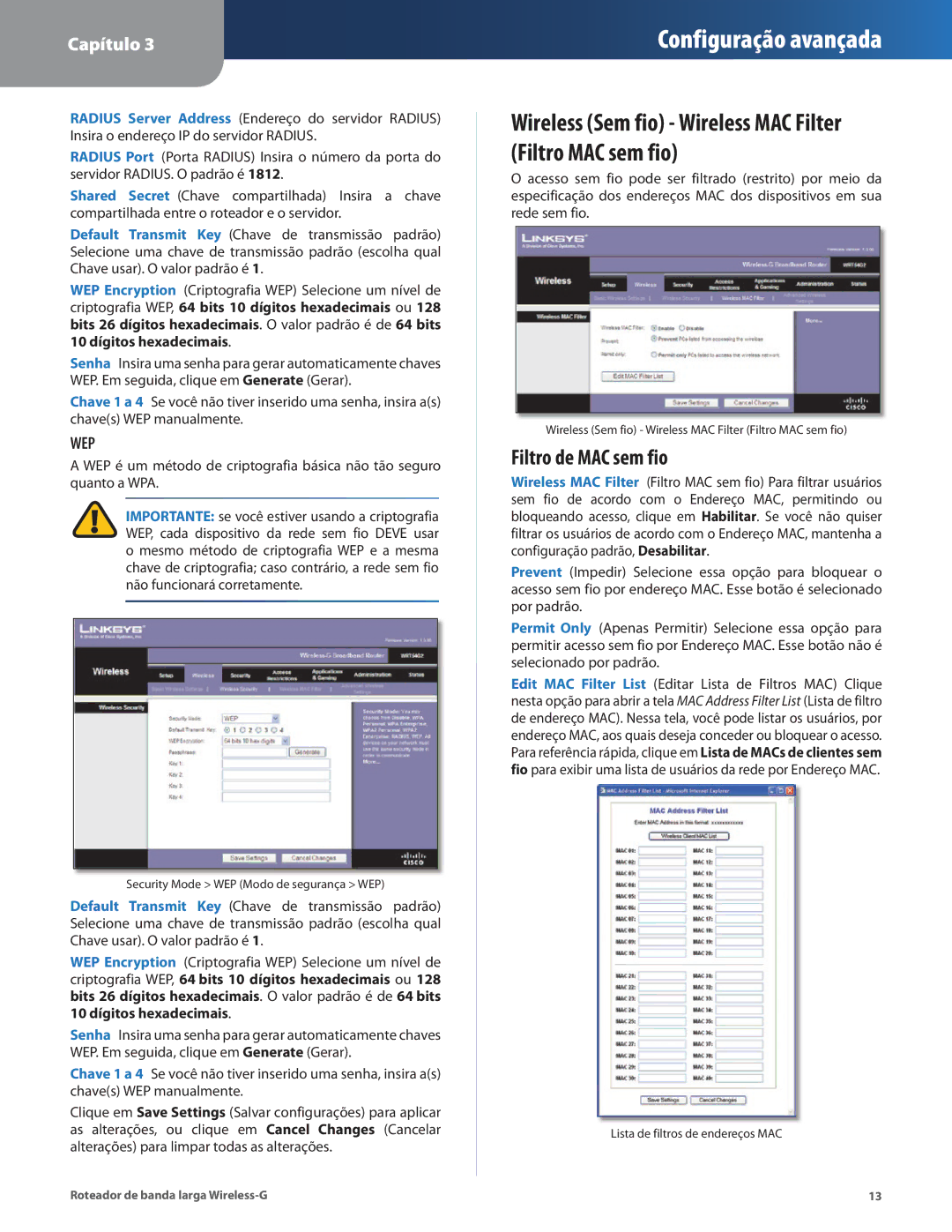 Cisco Systems WRT54G2 manual Wireless Sem fio Wireless MAC Filter Filtro MAC sem fio, Filtro de MAC sem fio 