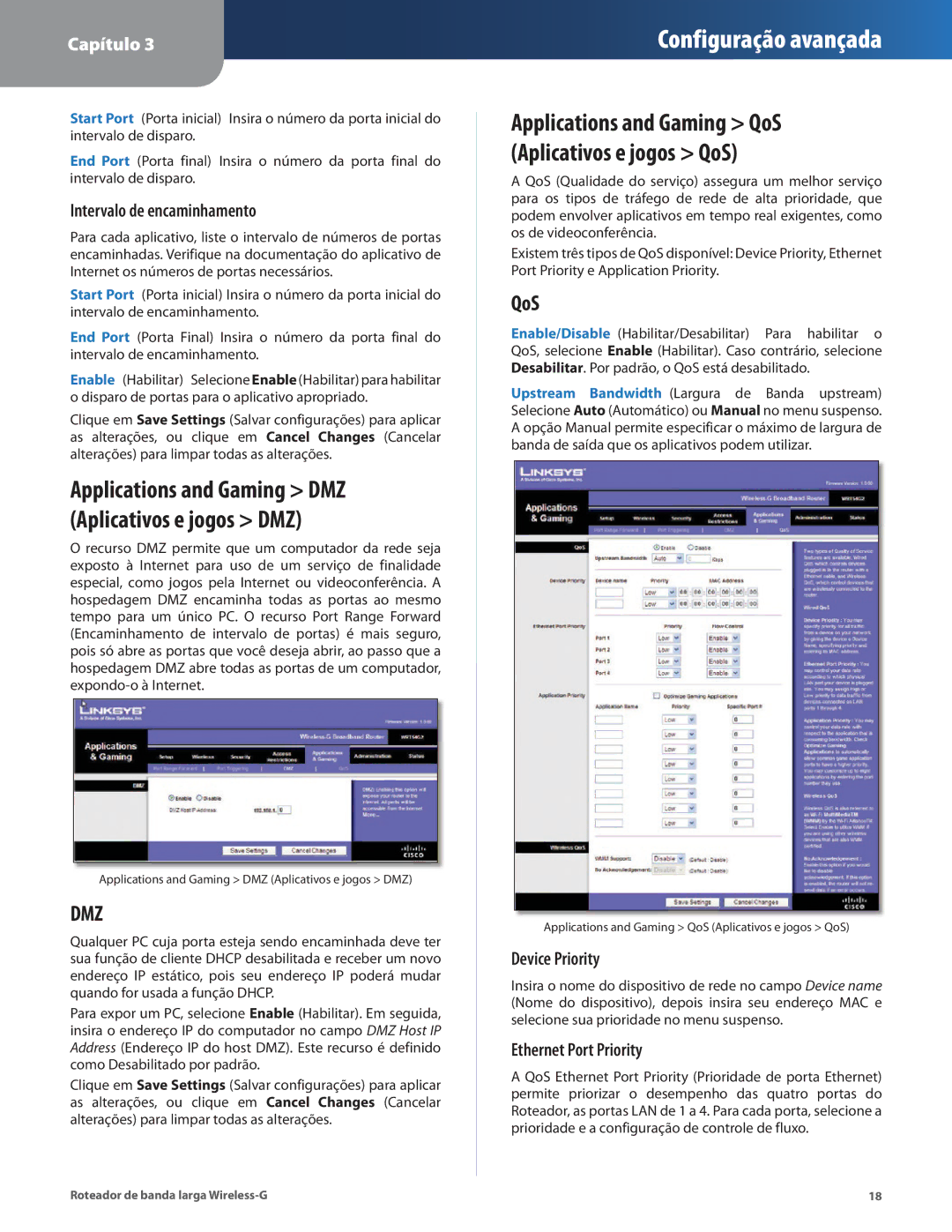 Cisco Systems WRT54G2 manual Intervalo de encaminhamento, Applications and Gaming DMZ Aplicativos e jogos DMZ 