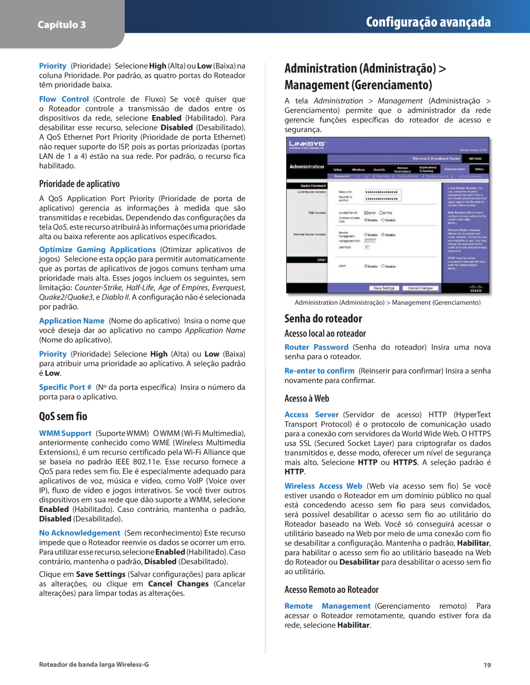 Cisco Systems WRT54G2 manual QoS sem fio, Senha do roteador, Administration Administração Management Gerenciamento 