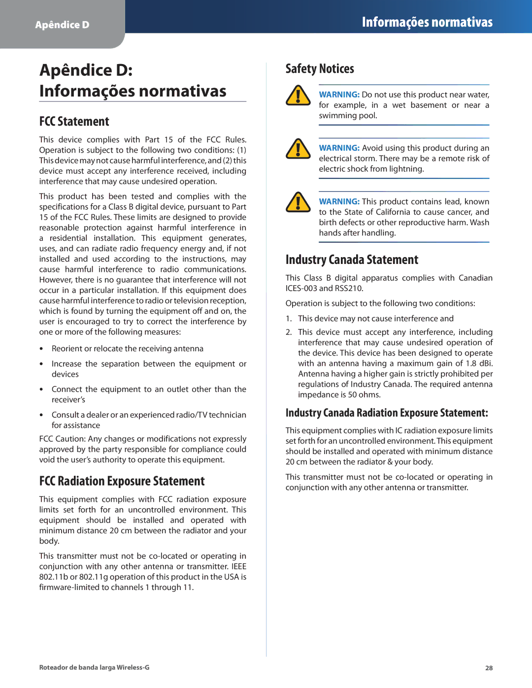 Cisco Systems WRT54G2 manual Apêndice D Informações normativas 