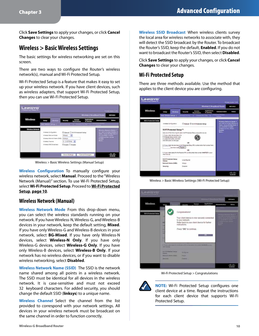 Cisco Systems WRT54G2 manual Wireless Basic Wireless Settings, Wireless Network Manual, Wi-Fi Protected Setup 