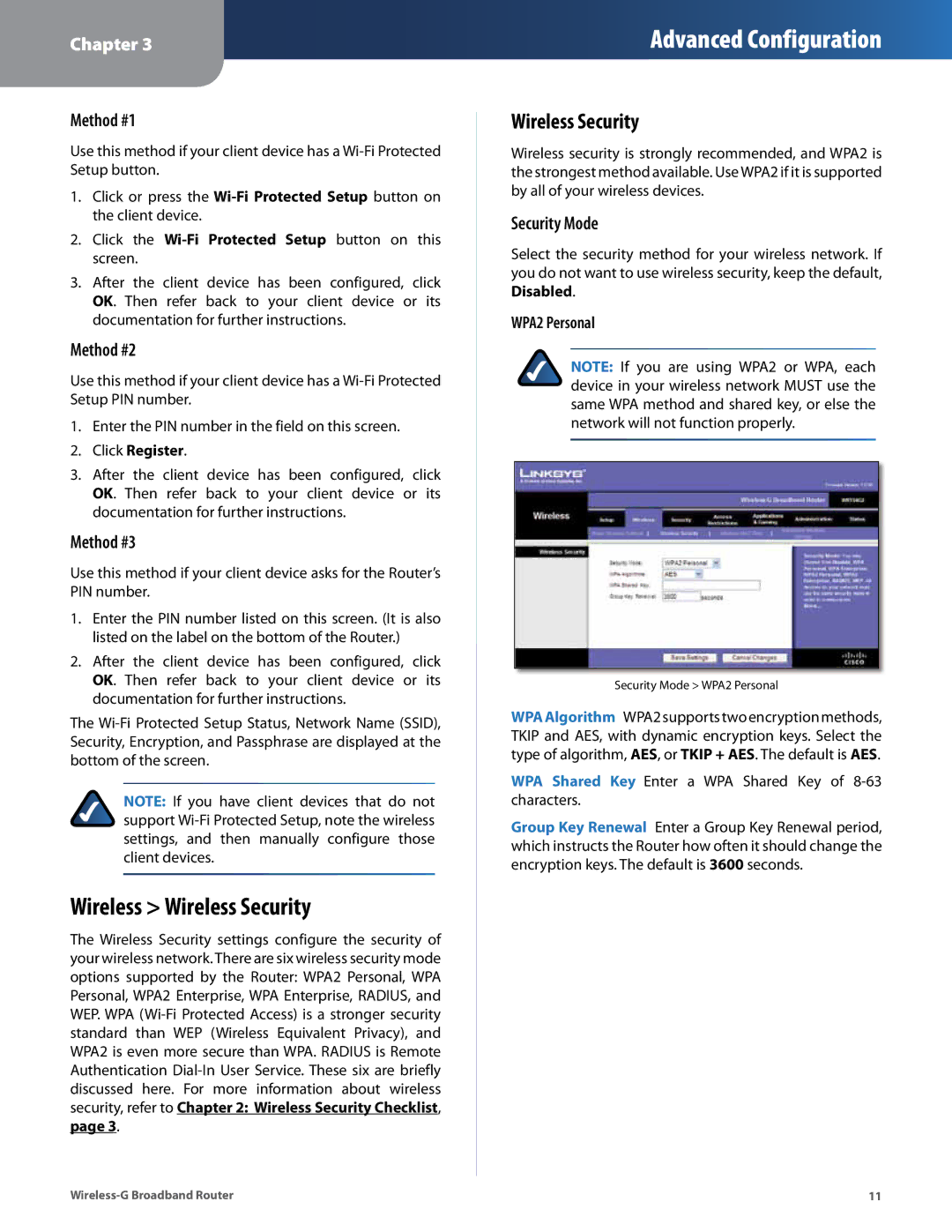 Cisco Systems WRT54G2 manual Wireless Wireless Security 