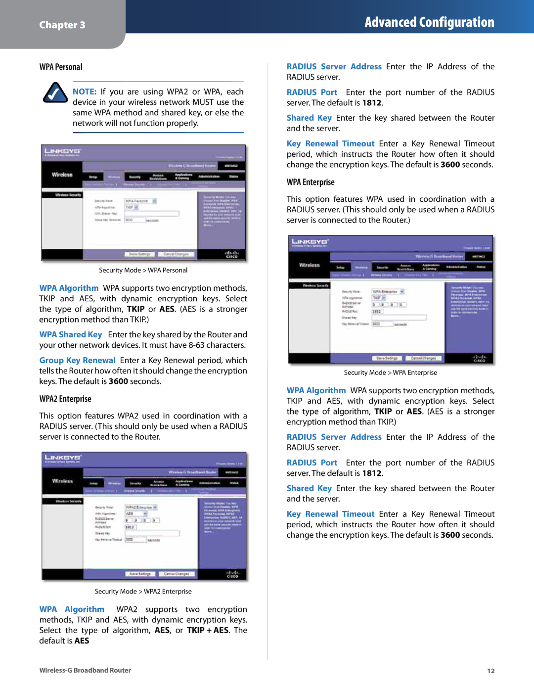 Cisco Systems WRT54G2 manual WPA Personal, WPA2 Enterprise, WPA Enterprise 