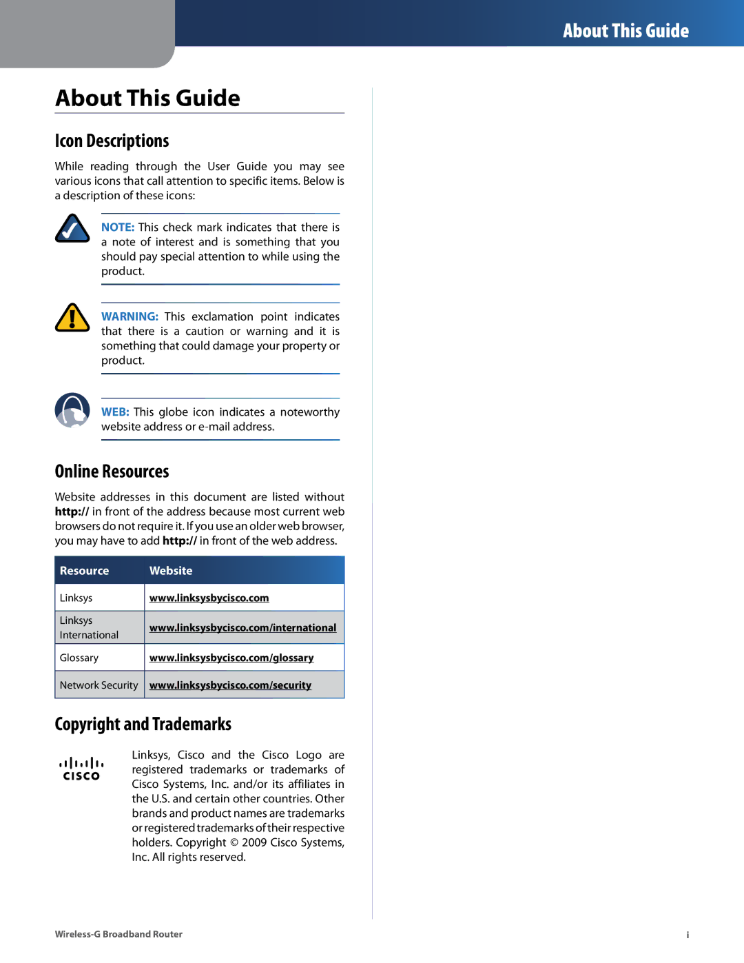 Cisco Systems WRT54G2 manual About This Guide, Icon Descriptions, Online Resources, Copyright and Trademarks 