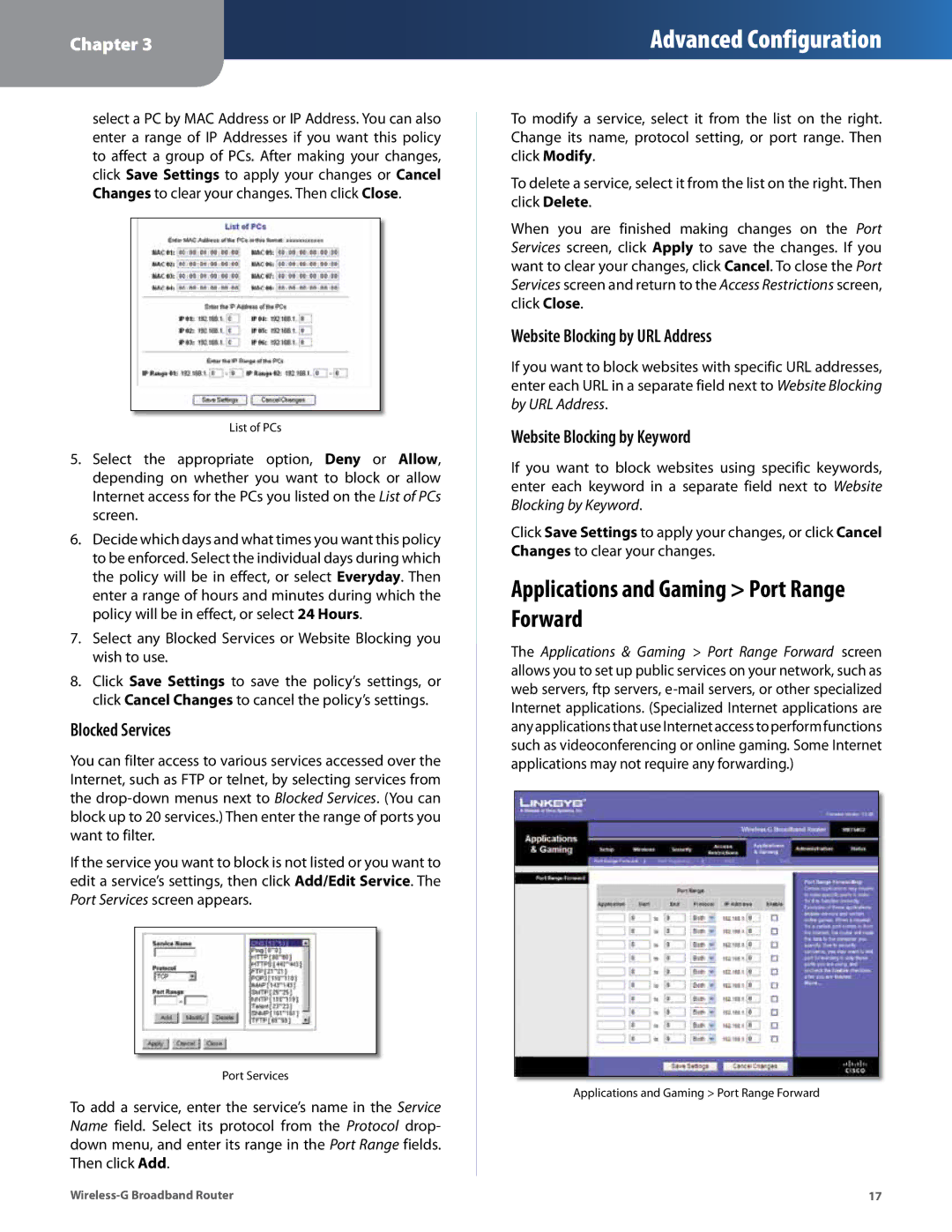 Cisco Systems WRT54G2 manual Applications and Gaming Port Range Forward, Blocked Services, Website Blocking by URL Address 