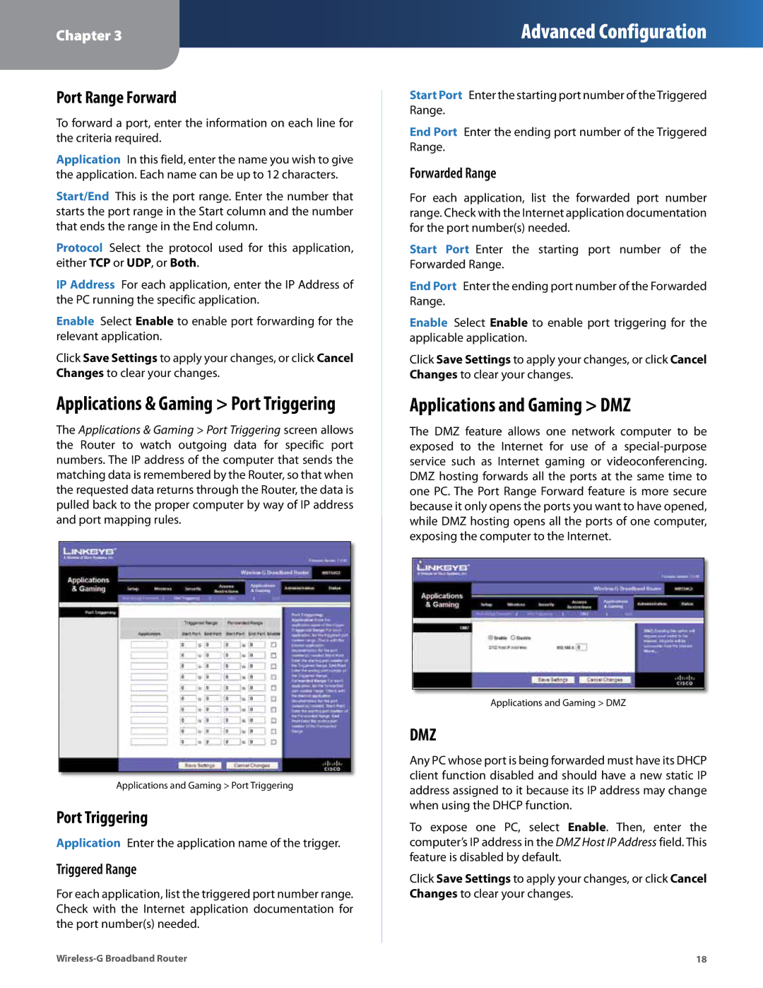 Cisco Systems WRT54G2 manual Applications and Gaming DMZ, Port Range Forward, Applications & Gaming Port Triggering 