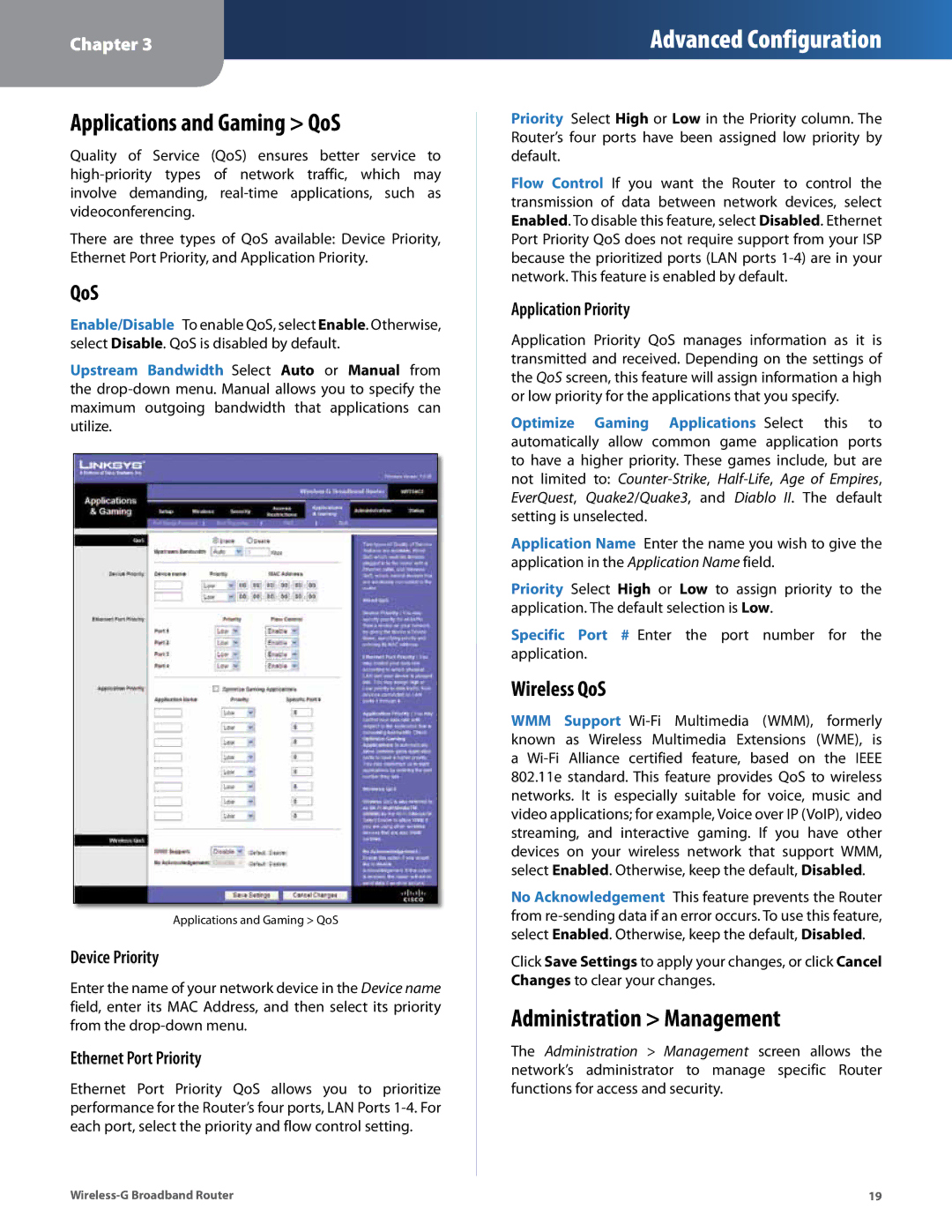 Cisco Systems WRT54G2 manual Applications and Gaming QoS, Administration Management, Wireless QoS 