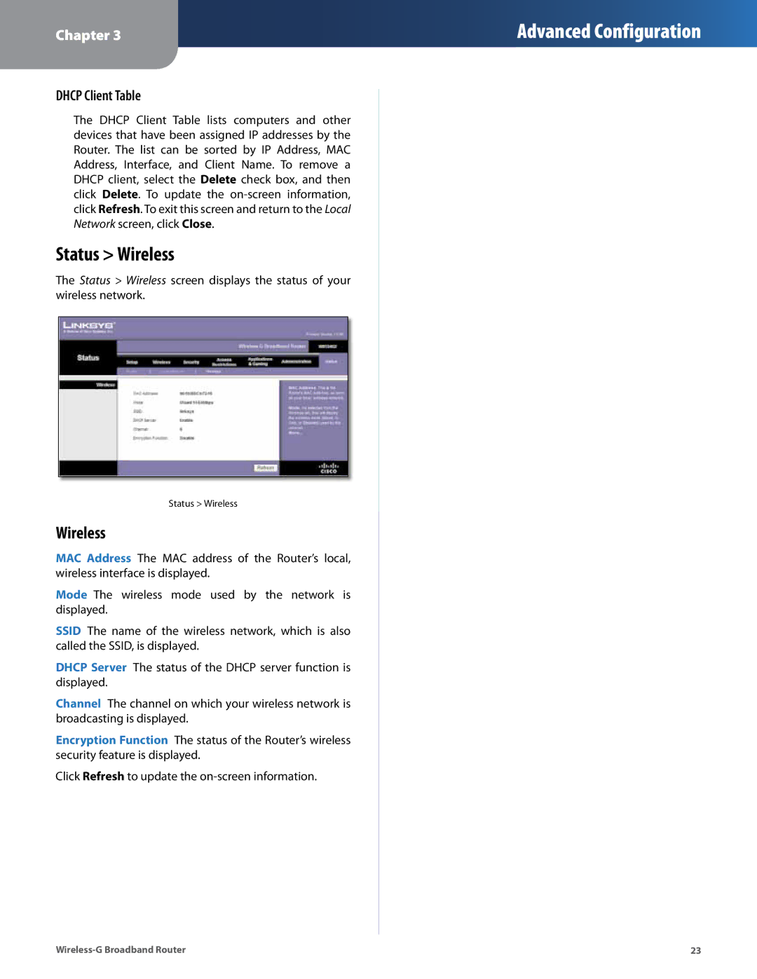 Cisco Systems WRT54G2 manual Status Wireless, Dhcp Client Table 