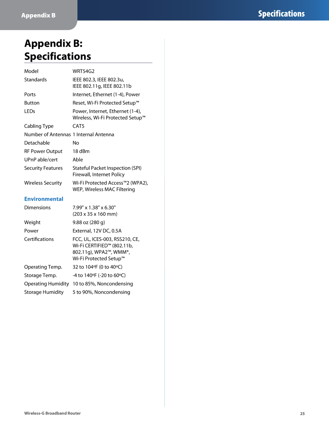 Cisco Systems WRT54G2 manual Appendix B Specifications 