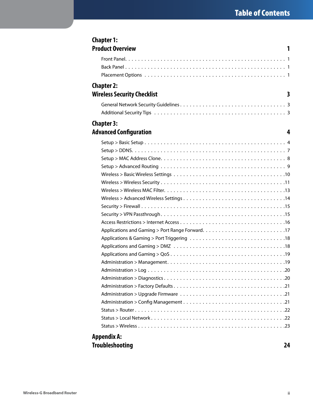 Cisco Systems WRT54G2 manual Table of Contents 