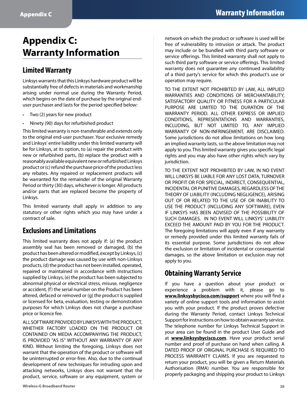 Cisco Systems WRT54G2 manual Limited Warranty, Exclusions and Limitations, Obtaining Warranty Service 