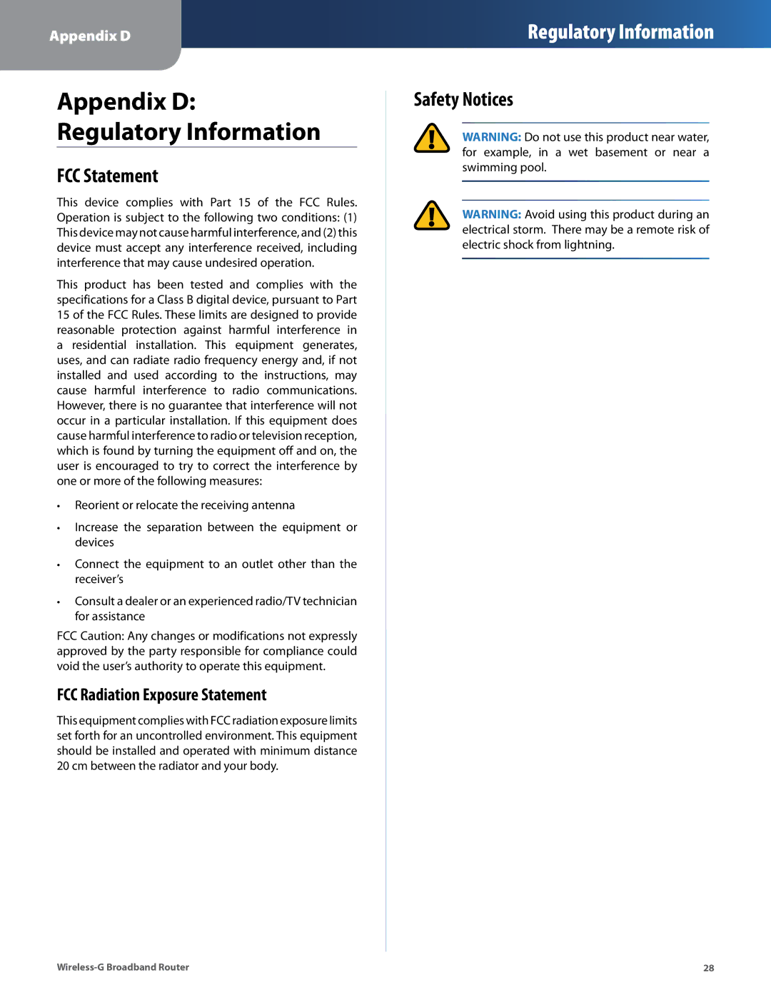 Cisco Systems WRT54G2 manual FCC Statement, Safety Notices, FCC Radiation Exposure Statement 