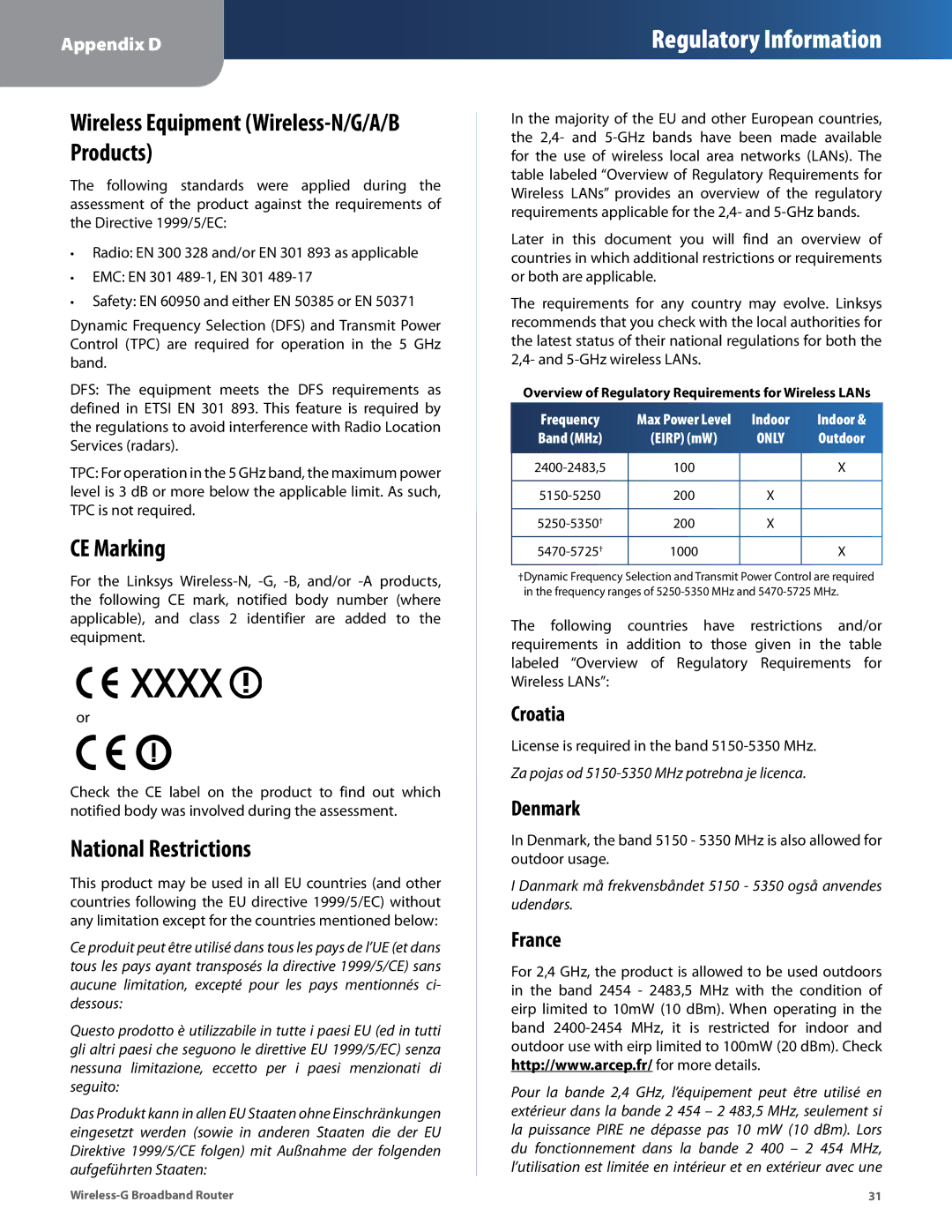 Cisco Systems WRT54G2 manual Wireless Equipment Wireless-N/G/A/B Products, CE Marking, National Restrictions 