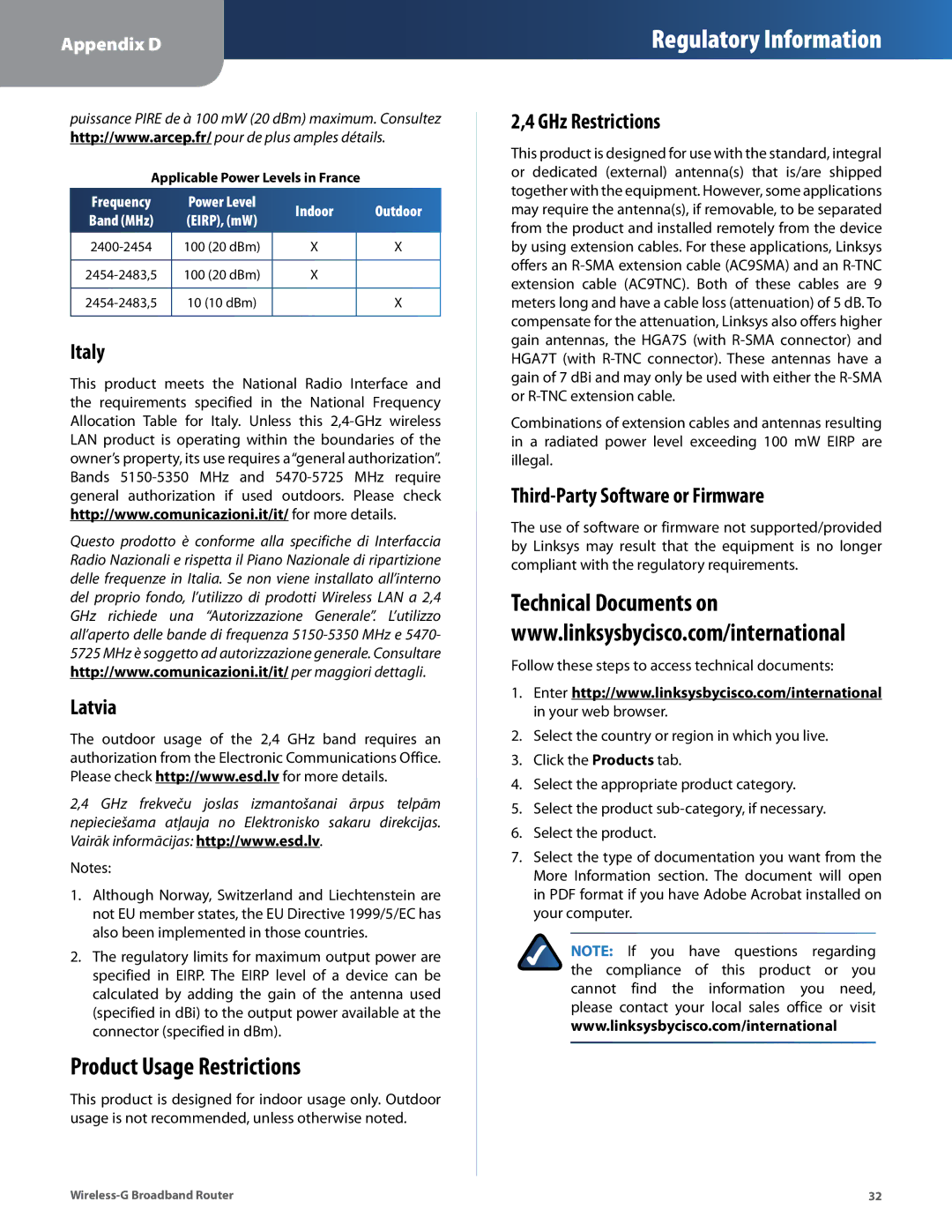 Cisco Systems WRT54G2 manual Product Usage Restrictions, Italy Latvia, GHz Restrictions, Third-Party Software or Firmware 