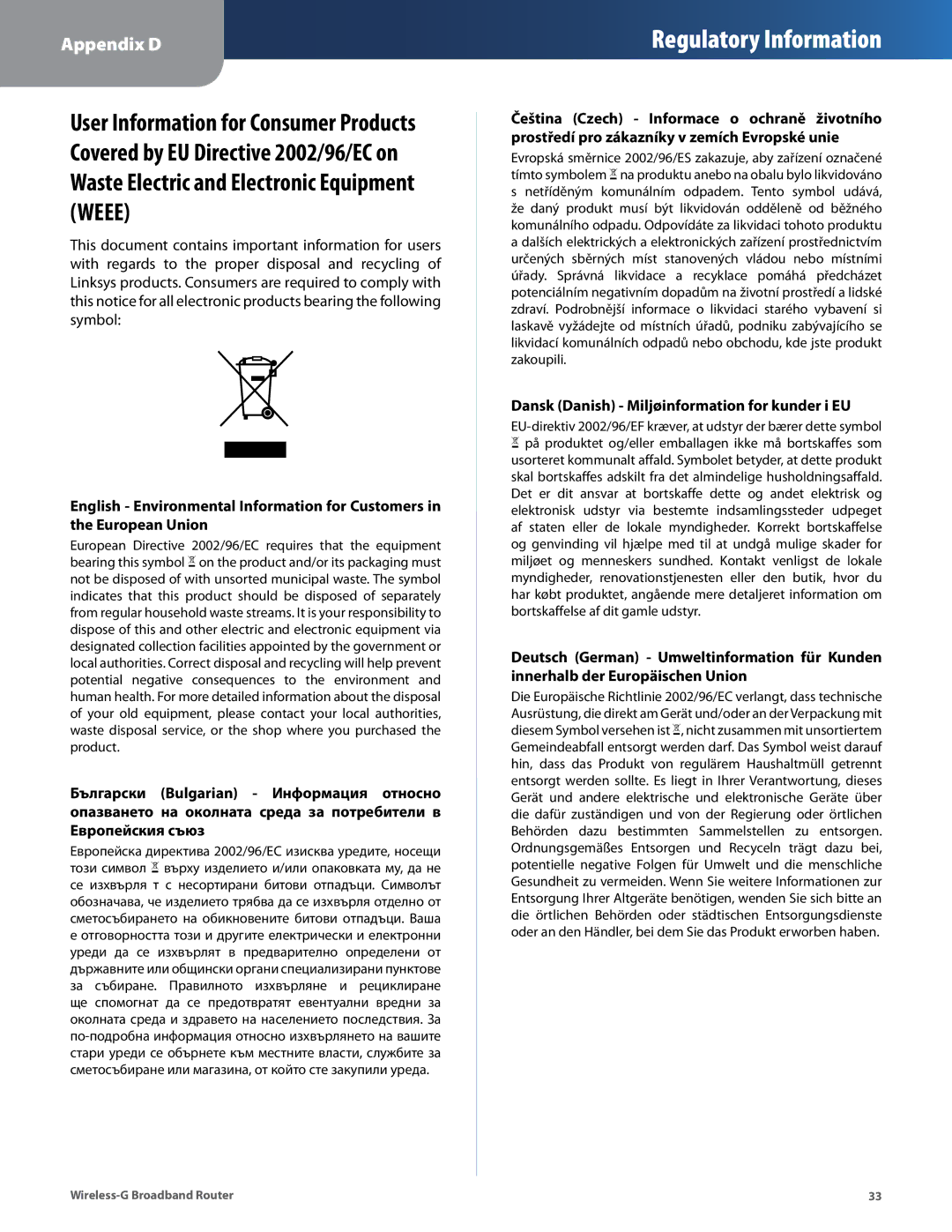 Cisco Systems WRT54G2 manual Dansk Danish Miljøinformation for kunder i EU 