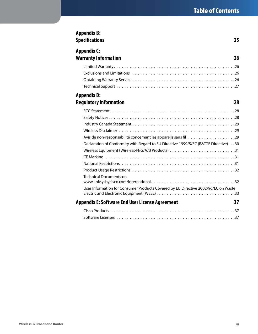 Cisco Systems WRT54G2 manual Appendix B Specifications Appendix C Warranty Information, Appendix D Regulatory Information 