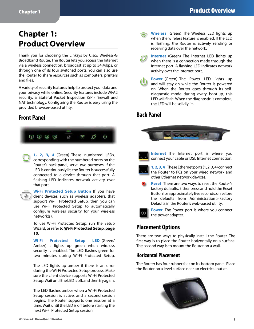 Cisco Systems WRT54G2 manual Chapter Product Overview, Front Panel, Back Panel, Placement Options, Horizontal Placement 