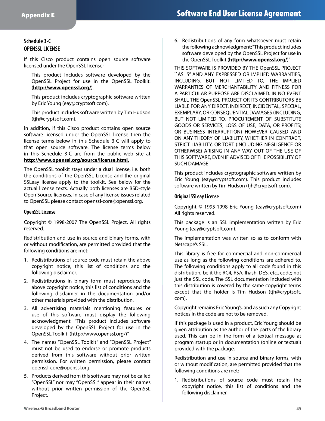 Cisco Systems WRT54G2 manual Schedule 3-C, OpenSSL License, Original SSLeay License 