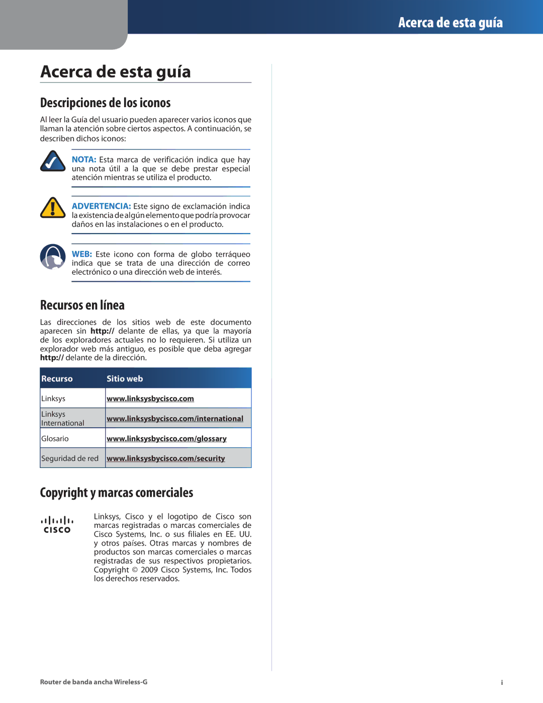 Cisco Systems WRT54G2 Acerca de esta guía, Descripciones de los iconos, Recursos en línea, Copyright y marcas comerciales 