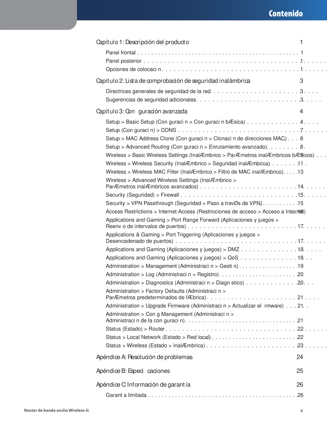 Cisco Systems WRT54G2 manual Avanzada, Apéndice B Especificaciones 